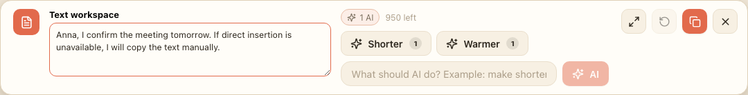 CopyPoppy UI for "Save customer replies. Reuse them in Chrome.": Buffer Builder and final review