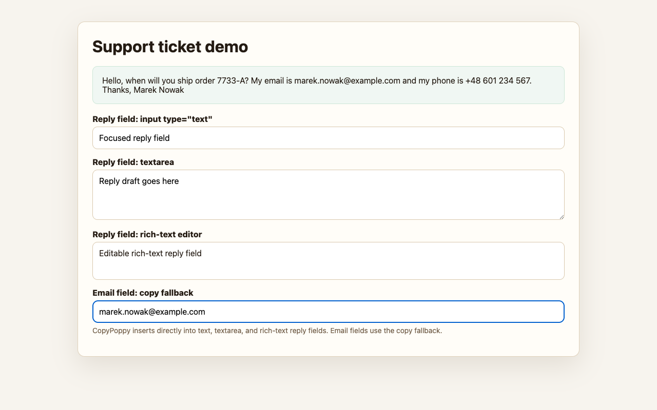 CopyPoppy UI for "Save customer replies. Reuse them in Chrome.": manual copy fallback