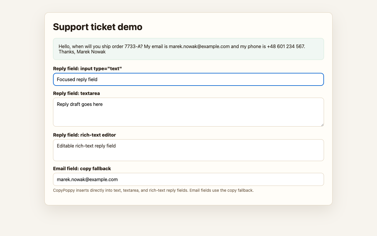CopyPoppy UI for "Save customer replies. Reuse them in Chrome.": supported Chrome extension insertion fields