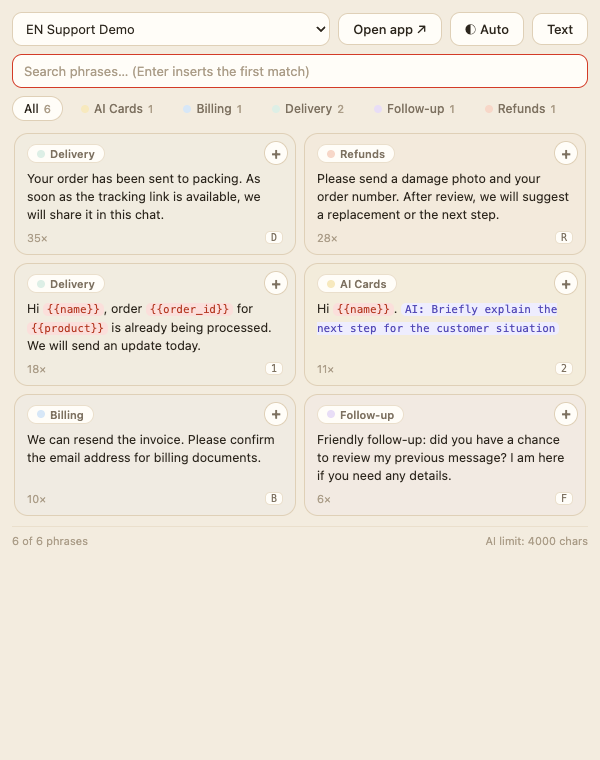 CopyPoppy UI for "Save customer replies. Reuse them in Chrome.": Chrome extension page context